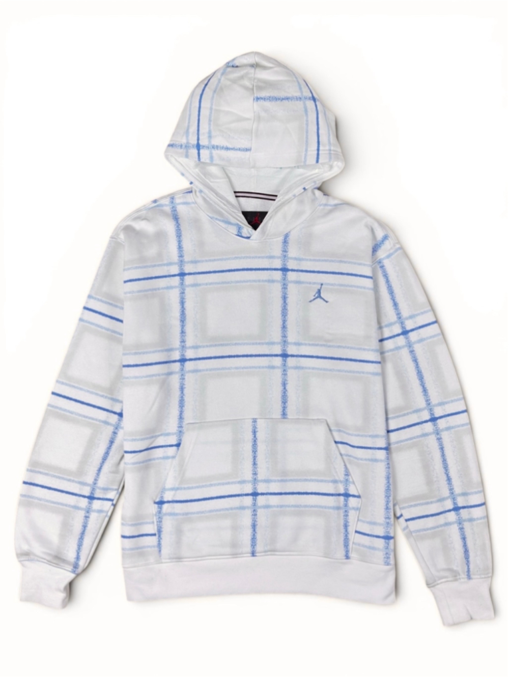 Jordan Essentials Plaid Fleece Pullover Hoodie White Legend Blue M